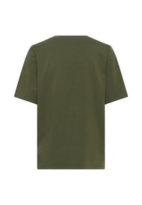 T-shirt en coton vert olive, à manches courtes, col ras du cou, design simple, texture lisse, sans logos ni embellissements visibles. Vue de dos.