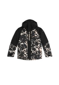 Chaqueta de patrón en blanco y negro que cuenta con capucha, cierre frontal de cremallera y dos bolsillos laterales. Texturizada con salpicaduras de beige y gris.