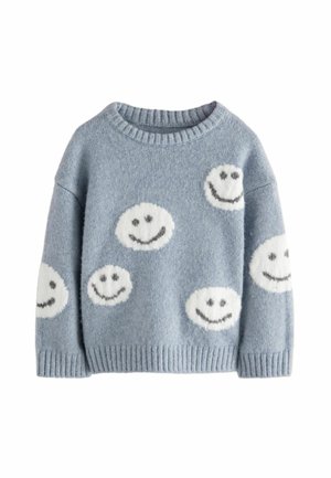 Lyseblå strikket sweater med ribstrikket krave, ærmer og kant, dekoreret med flere hvide smilies på front og ærmer.
