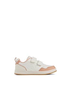 White sneaker with pink accents, two Velcro straps, textured leather, and rubber sole. Features a geometric pattern on the side.