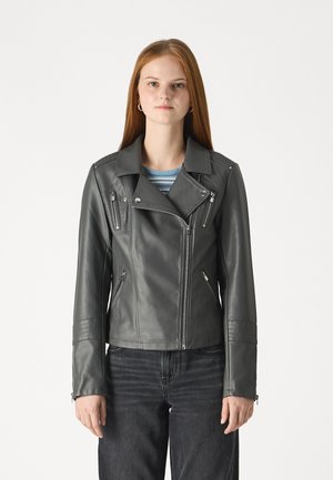 Gray leather moto jacket with asymmetrical zipper, zippered pockets, and textured shoulder accents. Pairing with a striped top and black jeans.