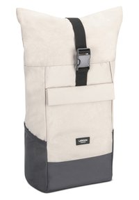 Roll-top backpack in beige with a black strap and buckle. Features a dark gray bottom section and a front pocket. Textured water-resistant material.