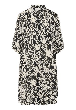 Mustvalge lilleline särgikleid, millel on nupuga esiosa, rullitavad varrukad ja vabalt langev lõige. Omab julget, pidevat lillemustrit.