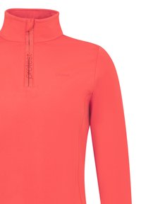 Pullover a mezza zip in un vivace corallo, realizzato in tessuto morbido e flessibile. Presenta un colletto alto e un branding discreto sul davanti.