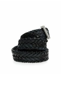 Cintura in pelle intrecciata nera con un motivo testurizzato, una fibbia in metallo argentato lucido e un colore profondo e ricco.