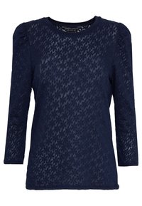 Tmavě modrý top s dlouhými rukávy z texturované krajky s květinovým vzorem. Kulatý výstřih a mírně nafouklá ramena.
