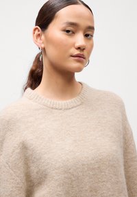 Béžový pletený sveter s rebrovaným okrúhlym výstrihom. Hladká textúra, voľný strih a viditeľné švy. Strieborné kruhové náušnice.