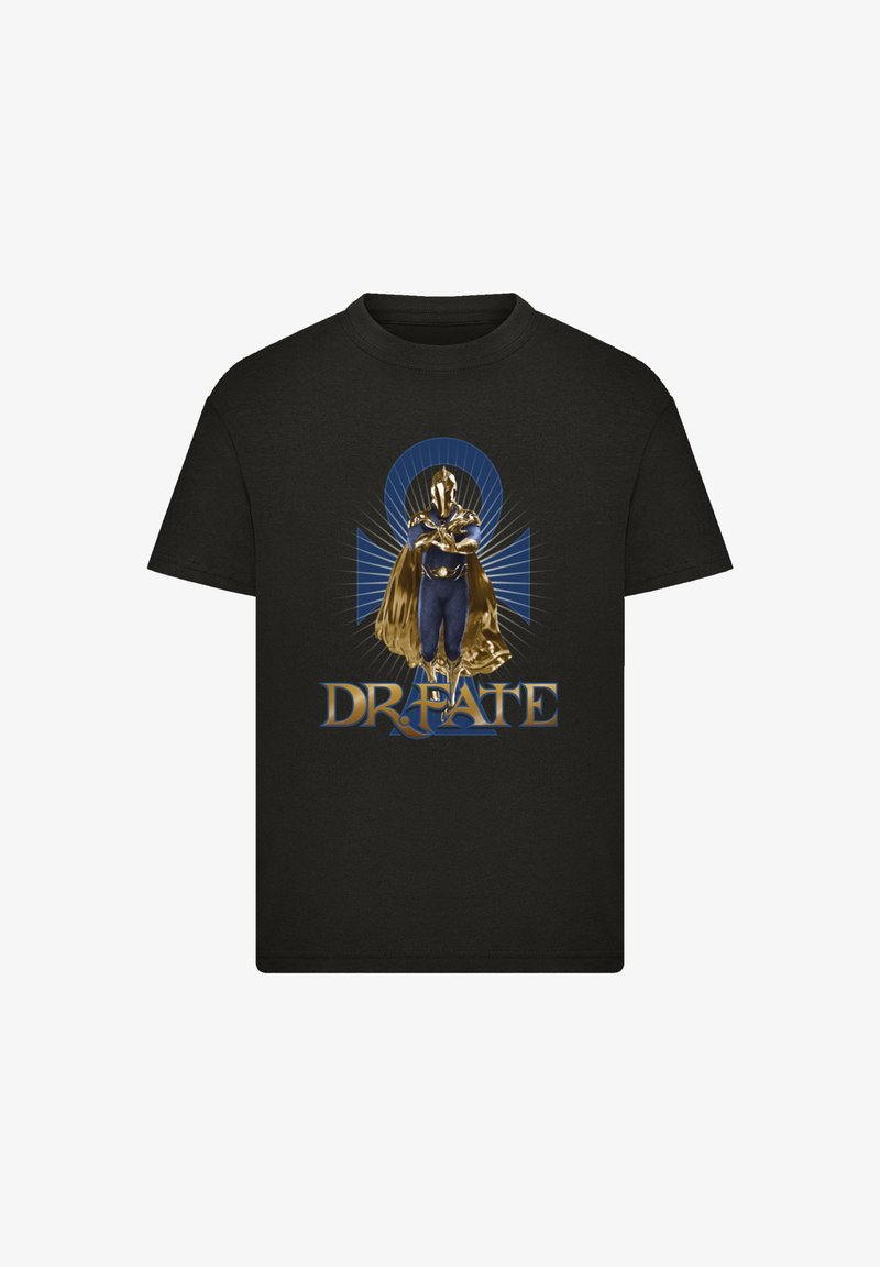 Black cotton t-shirt featuring a gold-caped character design with blue accents, set against a radiant blue background, labeled "DR. FATE."