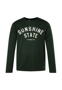 T-shirt verde a maniche lunghe con la scritta "SUNSHINE STATE" in bianco consunto, colletto rotondo e materiale in cotone morbido. Design casual.