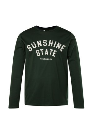 Grünes Longsleeve-Shirt mit "SUNSHINE STATE" in abgenutztem weißen Text, Rundhalsausschnitt und weichem Baumwollmaterial. Lässiges Design.