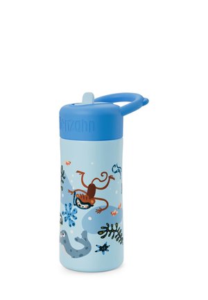 Reusable water bottle with a light blue body, blue lid, and handle; decorated with cartoon sea animals and plants. BPA-free material.