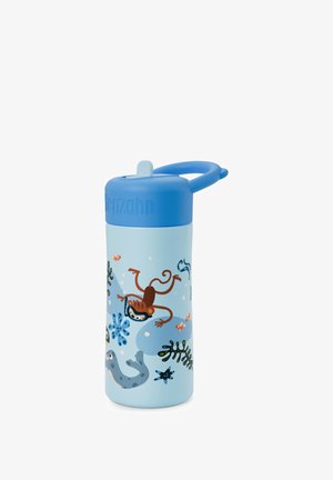 Reusable water bottle with a light blue body, blue lid, and handle; decorated with cartoon sea animals and plants. BPA-free material.