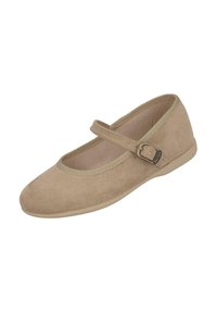Bailarina de ante beige con punta redonda, que presenta una cinta de tela en el empeine y una suela de goma flexible. Diseño minimalista sin patrones.