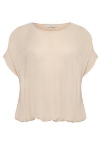 Losse beige top van gladde stof, met een ronde halslijn en korte mouwen, en een gerimpelde zoom voor een comfortabele pasvorm.