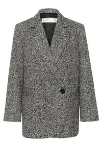 Blazer en laine à chevrons noir et blanc avec revers crantés, un bouton noir unique et poches passepoilées à l'avant, entièrement doublé.