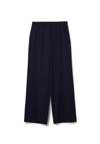 Marineblauwe wijde broek met een elastische tailleband, gemaakt van zachte stof, met een gladde textuur en zonder zichtbare patronen of verstelbare onderdelen.