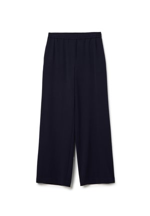 Marineblaue weite Hosen mit elastischem Taillenbund, aus weichem Stoff gefertigt, mit glatter Textur und ohne sichtbare Muster oder Beschläge.