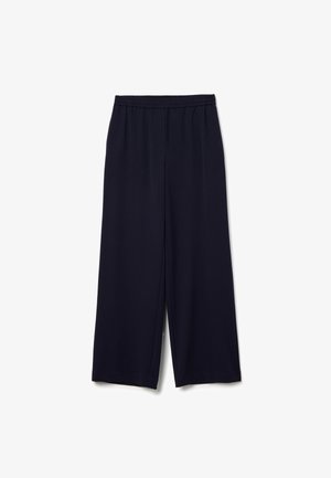 Navy wide-leg pants with an elastic waistband, made of soft fabric, featuring a smooth texture and no visible patterns or hardware.