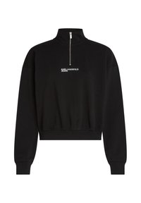 Sudadera recortada negra con cuello alto, media cremallera y logo en blanco "KARL LAGERFELD JEANS" en el pecho. Textura de tejido suave.
