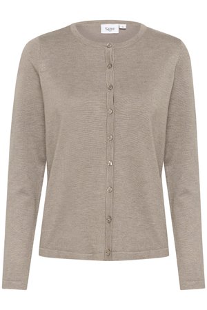 Gaišbeige kardigāns, izgatavots no mīkstas adītas auduma. Aprīkots ar garām piedurknēm, apaļu kakla izgriezumu un septiņiem priekšējiem pogām. Klasisks, daudzpusīgs dizains.
