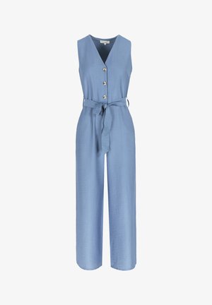 Mouwloze lichtblauwe jumpsuit met wijde pijpen, V-hals, drie knopen aan de voorkant en een bijpassende stoffen ceintuur gestrikt in de taille.