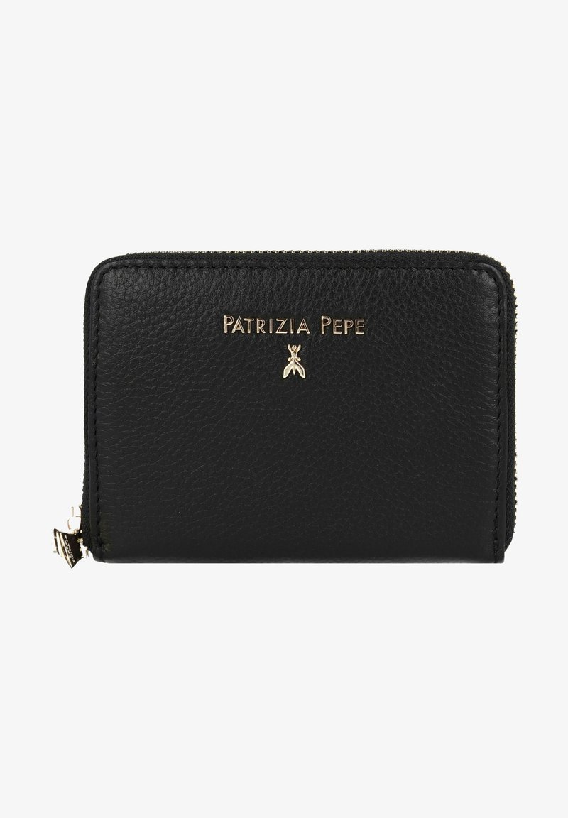 Zwarte leren portemonnee met een getextureerde afwerking, gouden logo en accent. Voorzien van een ritsluiting en een gestroomlijnde rechthoekige vorm.