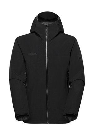Schwarze Outdoor-Jacke mit Kapuze, durchgehendem Frontreißverschluss, Reißverschlusstaschen an den Seiten und Mammut-Logo auf der Brust und am oberen Ärmel.