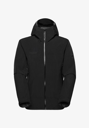 Schwarze Outdoor-Jacke mit Kapuze, durchgehendem Frontreißverschluss, Reißverschlusstaschen an den Seiten und Mammut-Logo auf der Brust und am oberen Ärmel.
