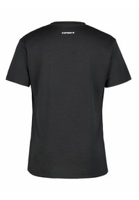 Zwarte korte mouw t-shirt van zachte stof, met een eenvoudige ronde hals en een klein logo gedrukt op de bovenrug.