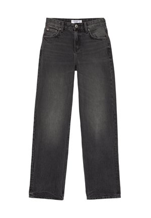 Zwarte spijkerbroeken van denim met een losse pasvorm, vijf zakken en een knoopsluiting. Kenmerkt zich door een vervaagd uiterlijk en een recht gesneden ontwerp.