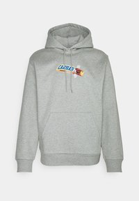 Grijze hoodie met een voorzak, capuchon met koord en een veelkleurige grafische logo op de borst. Bevat een zachte, gemêleerde stof.
