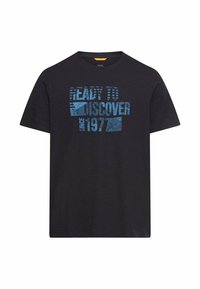 Sort bomulds-T-shirt med blåt grafisk tryk med teksten "KLAR TIL AT OPDAGE SIDEN 1977." Rund halsudskæring og korte ærmer. Casual pasform.