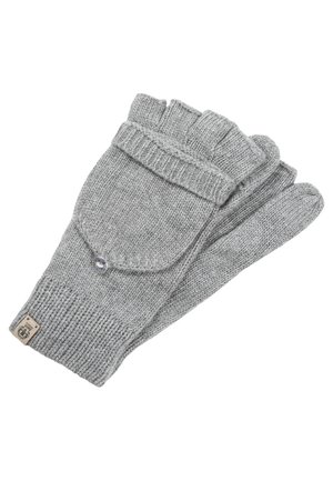 Graue gestrickte Handschuhe mit einem umgeschlagenen Bündchen, die eine mit einem Knopf verschlossene Tasche auf dem Handrücken und ein strukturiertes Strickmuster aufweisen.