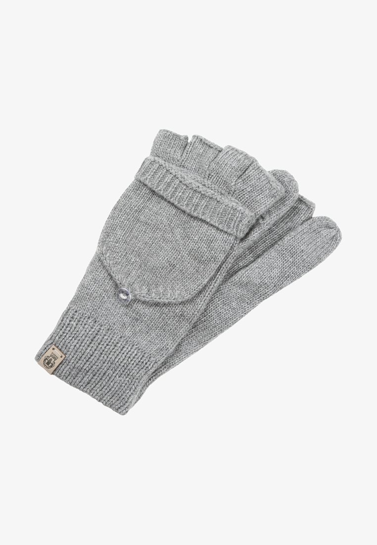 Graue gestrickte Handschuhe mit einem umgeschlagenen Bündchen, die eine mit einem Knopf verschlossene Tasche auf dem Handrücken und ein strukturiertes Strickmuster aufweisen.