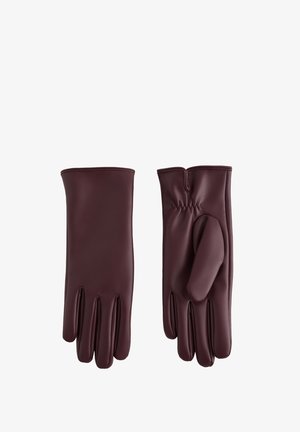 Burgunderfarbene Lederhandschuhe mit tailliertem Design, vier Fingern und einem separaten Daumen sowie einem gerafften Handgelenkdetail. Glatte Textur und eleganter Abschluss.