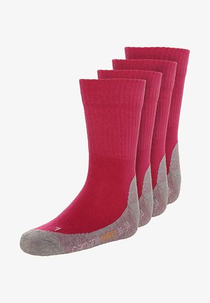 Four pairs of pink crew socks with a gray toe and heel. The texture is smooth with a ribbed upper section and reinforced detailing at the base.