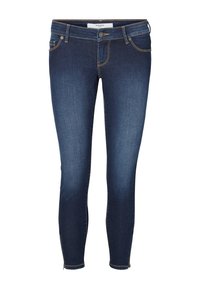 Jeans de mezclilla oscuros, delgados y azules, con una textura suave, cintura de altura media, diseño de cinco bolsillos y detalles de costura ligera.