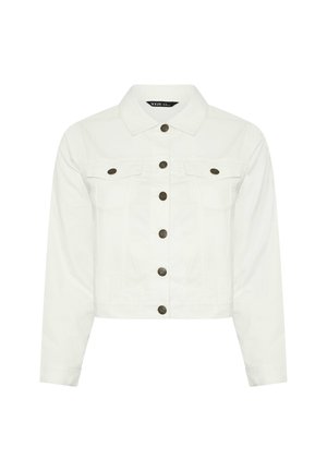 Hvid denimjakke med lange ærmer, knaplukning foran, to brystlommer med klap og en klassisk krave.