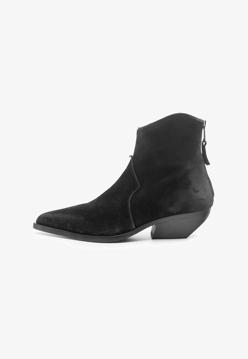 Schwarze Wildleder-Stiefelette mit spitzem Zehenbereich, asymmetrischer Nahtgestaltung und niedrigem Blockabsatz, ausgestattet mit einem seitlichen Reißverschluss.