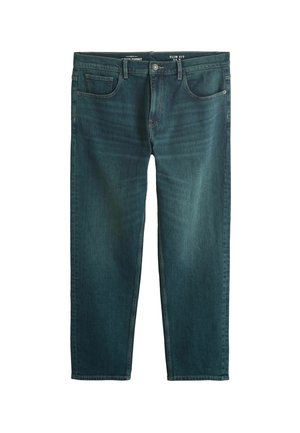 Jeans denim blu scuro a vestibilità slim con una trama liscia, cinque tasche e cuciture a contrasto. Presentano una chiusura con cerniera e bottone in metallo.