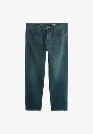 Jeans denim blu scuro a vestibilità slim con una trama liscia, cinque tasche e cuciture a contrasto. Presentano una chiusura con cerniera e bottone in metallo.