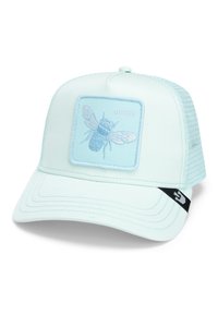 Casquette bleu clair avec un dos en mesh, ornée d'un patch de abeille brodé et du mot "QUEEN" au-dessus. La visière présente des détails de couture.