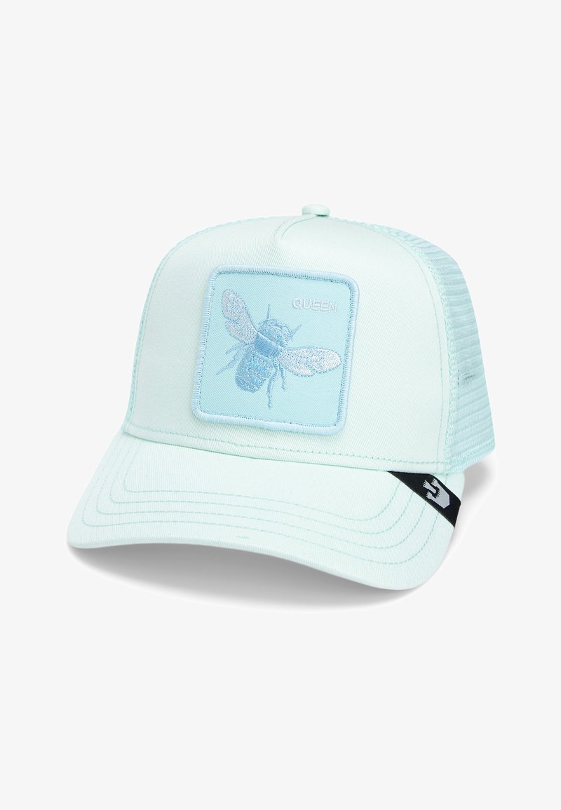 Light blue cap with a mesh back, featuring an embroidered bee patch and the word "QUEEN" above it. Brim has stitching details.