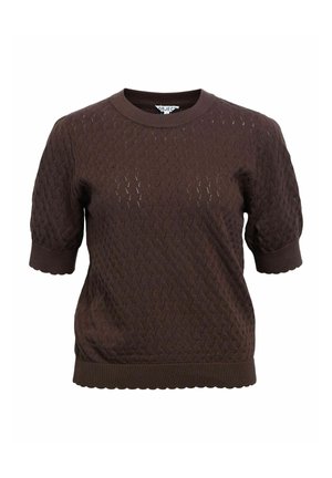 Pull marron à manches courtes en maille avec motif ondulé texturé, col rond côtelé, poignets et ourlet festonné.