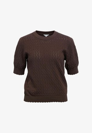 Brown short-sleeve knit sweater with textured wave pattern, ribbed crew neck, cuffs, and scalloped hem.