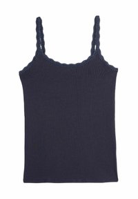 Camisole bleu marine côtelée avec fines bretelles et décolleté ornés de dentelle, sans manches et coupe ajustée.
