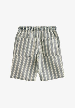 Svītroti šorti ar ziliem un baltiem toņiem, elastīgu jostu un divām lielām kabatām aizmugurē. Audums no kokvilnas maisījuma.