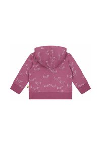 Felpa con cappuccio in cotone rosa scuro con illustrazioni di cani bianchi. Presenta maniche lunghe, una tasca sul davanti e polsini e orlo a costine.