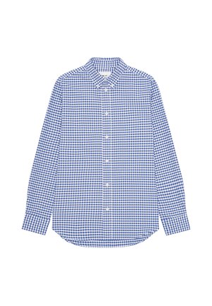 Langärmliges Hemd mit blau-weißem kleinen Karomuster, klassischem Kragen und geknöpften Manschetten.
