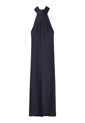 Abito maxi senza maniche di colore blu navy con scollo alto e silhouette fluida. Tessuto morbido con due tasche nelle cuciture laterali.